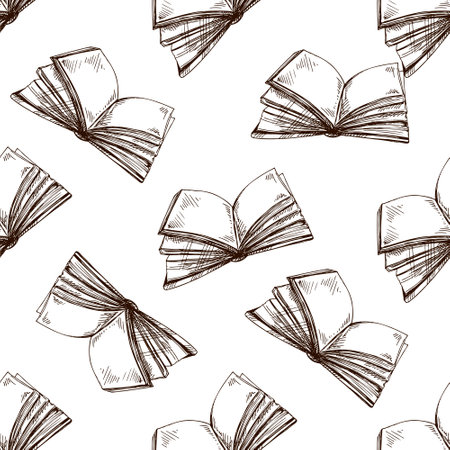 Seamless vintage pattern with open books and blank pages in hand drawn sketch style. Ideal for wallpaper, textile, stationery, digital paper and retro academic themes.のイラスト素材