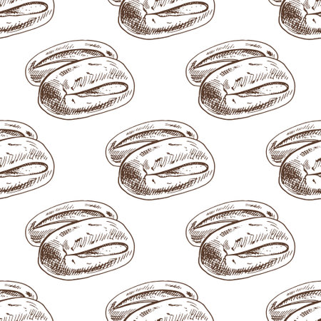 Seamless pattern with hand drawn vintage sketch of oval sandwich rolls in brown ink. Classic engraving style illustration for bakery packaging, food branding, culinary decoration and kitchen textile prints.のイラスト素材