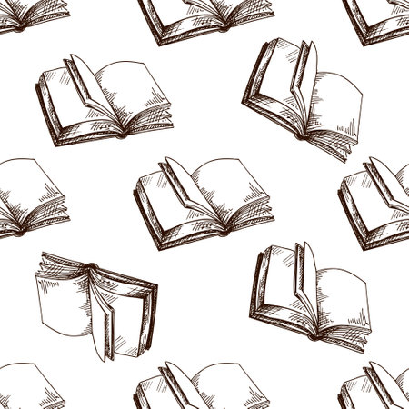 Seamless vintage pattern with open books and blank pages in hand drawn sketch style. Ideal for wallpaper, textile, stationery, digital paper and retro academic themes.のイラスト素材