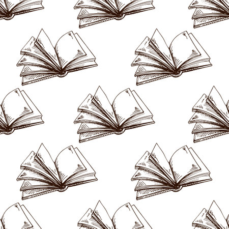 Seamless vintage pattern with open books and blank pages in hand drawn sketch style. Ideal for wallpaper, textile, stationery, digital paper and retro academic themes.のイラスト素材