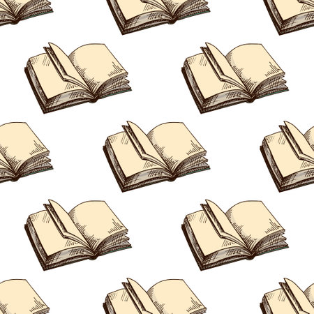 Seamless pattern of open books with blank pages in hand drawn engraving style. Vintage sketch illustration with beige paper texture. Perfect for educational projects, wrapping paper, library designs, and school-themed backgrounds.のイラスト素材