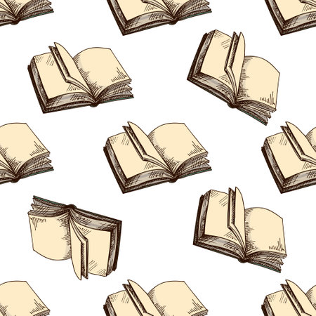 Seamless pattern of open books with blank pages in hand drawn engraving style. Vintage sketch illustration with beige paper texture. Perfect for educational projects, wrapping paper, library designs, and school-themed backgrounds.のイラスト素材