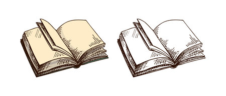 Vector illustration of an open book with flipping blank pages. Includes color and monochrome versions. Drawn in classic vintage engraving style with detailed lines. Ideal for educational, literary, and publishing projects.のイラスト素材
