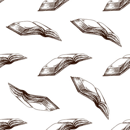 Seamless vintage pattern with open books and blank pages in hand drawn sketch style. Ideal for wallpaper, textile, stationery, digital paper and retro academic themes.のイラスト素材