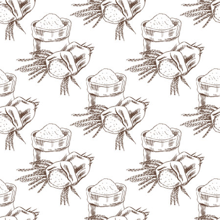 Seamless pattern with hand drawn vintage sketch of flour sacks and wheat ears. Brown ink engraving ideal for bakery packaging, farm branding, eco food design and rustic kitchen backgrounds.のイラスト素材