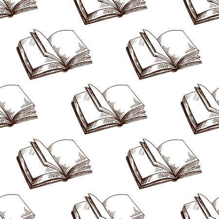 Seamless vintage pattern with open books and blank pages in hand drawn sketch style. Ideal for wallpaper, textile, stationery, digital paper and retro academic themes.のイラスト素材