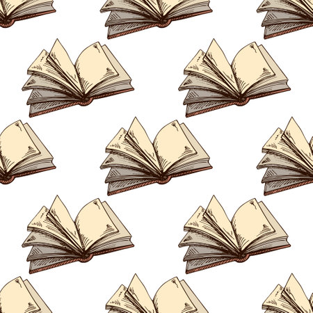 Seamless pattern of open books with blank pages in hand drawn engraving style. Vintage sketch illustration with beige paper texture. Perfect for educational projects, wrapping paper, library designs, and school-themed backgrounds.のイラスト素材