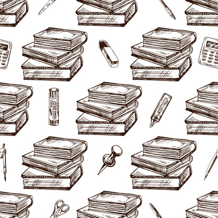 Retro seamless pattern with books, calculator, scissors, glue stick and office tools in hand drawn brown sketch style. Perfect for school design, stationery and learning materials.のイラスト素材