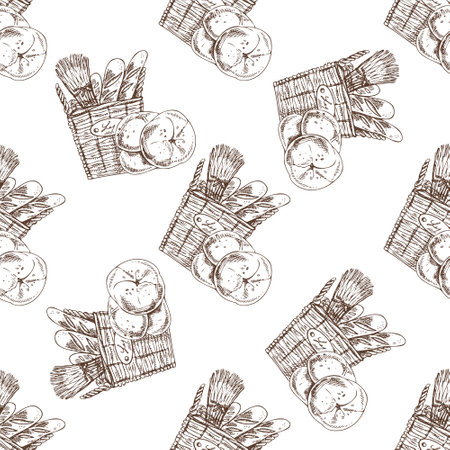 Seamless pattern with hand drawn vintage sketch of bread basket filled with baguettes, round buns and wheat. Engraving style for bakery branding, packaging and rustic kitchen decor.のイラスト素材