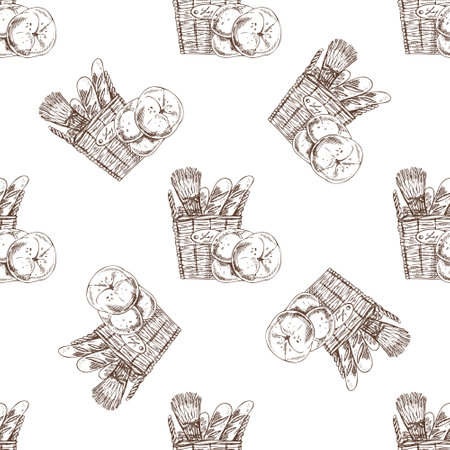 Seamless pattern with hand drawn vintage sketch of bread basket filled with baguettes, round buns and wheat. Engraving style for bakery branding, packaging and rustic kitchen decor.のイラスト素材