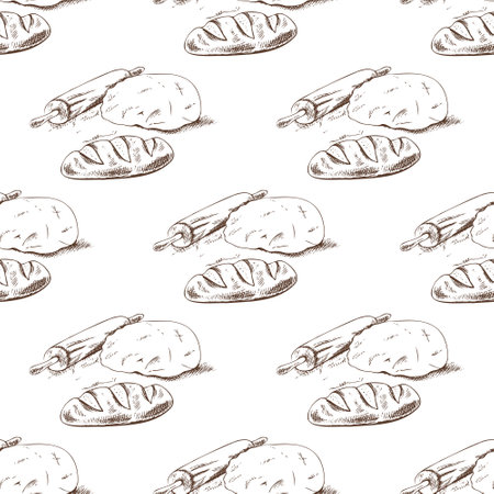 Seamless pattern with hand drawn vintage sketch of bread loaf, raw dough and rolling pin in brown ink. Engraving style illustration for bakery branding, packaging, and rustic culinary-themed decor.のイラスト素材