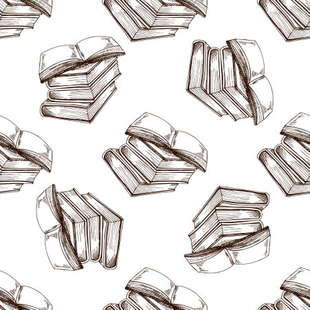 Seamless academic pattern with vintage books and open pages in hand drawn brown sketch style. Great for education, wallpaper, stationery, digital paper and retro school design.のイラスト素材