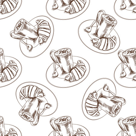 Seamless pattern with hand drawn vintage sketch of coffee cup and croissant on saucer in brown ink. Engraving style ideal for breakfast branding, cafe decor and kitchen-themed textile prints.のイラスト素材