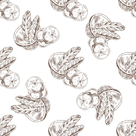 Seamless pattern with hand drawn vintage sketch of baguettes and round buns in basket. Engraving style in brown ink, ideal for bakery packaging, kitchen textile and rustic branding.のイラスト素材