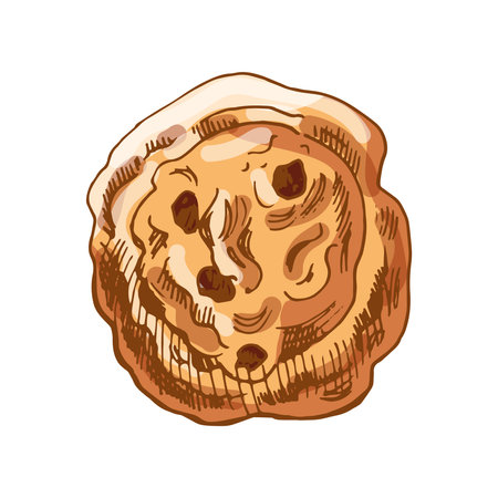 Colorful hand drawn vintage illustration of a cinnamon raisin bun with icing, depicted in brown ink engraving style. Ideal for bakery packaging, menu design, culinary projects, retro posters and food-related prints.のイラスト素材