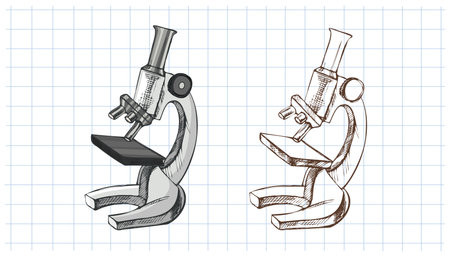 Set of hand drawn microscope illustrations in grayscale and monochrome style on grid notebook background. Vintage scientific equipment for school and education designs.のイラスト素材