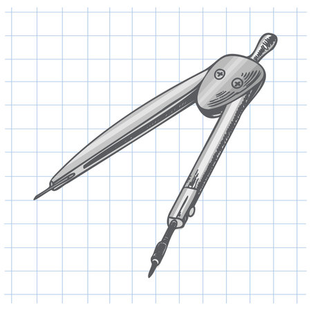 Vintage hand drawn sketch of a single metal compass for geometry and math drawing, placed on a blue grid notebook paper background. Ideal for educational or engineering design projects.のイラスト素材