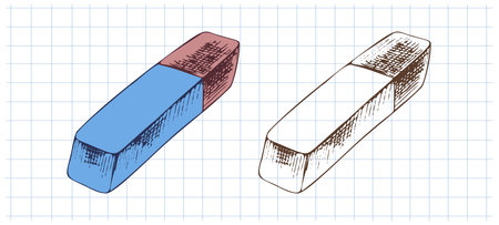 Set of two hand drawn erasers: one in full color and one in monochrome. Vintage sketch style on squared notebook background. Great for school, stationery, and education-related designs.のイラスト素材