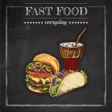 Hand drawn sketch of fast food combo: cheeseburger with vegetables, taco with greens and soda in glass. Vintage restaurant menu design on black chalkboard background, detailed colorful vector.のイラスト素材