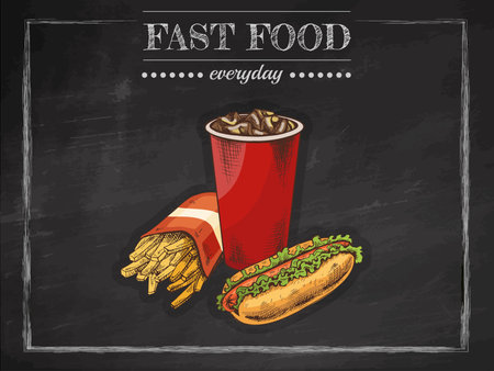 Colorful hand drawn sketch of fast food set with cola, French fries and hot dog. Vintage chalkboard restaurant menu illustration, isolated on black background, editable vector artwork.のイラスト素材