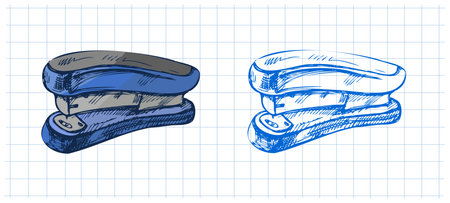Vector illustration of classic stapler in hand drawn style. Includes both colored and monochrome versions. Suitable for school materials, stationery, office-themed designs, and educational graphics.のイラスト素材