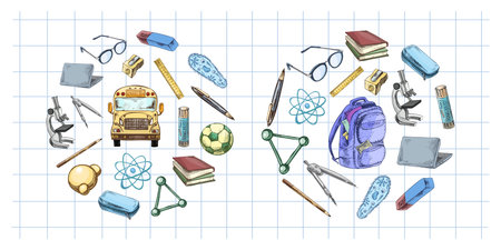 Big educational set of hand drawn school supplies including backpack, bus, microscope, laptop, soccer ball, ruler, pens and other stationery.のイラスト素材