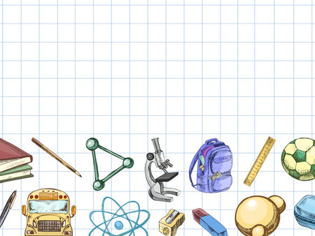Horizontal school background with hand drawn education and science elements. Vintage colorful sketch on squared paper. Great for banners, flyers, posters and learning materials.のイラスト素材