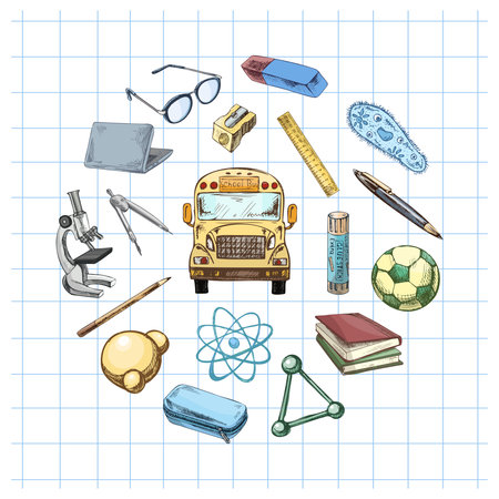 Hand drawn vector set of colorful school and science supplies arranged in the center over squared notebook background. Includes bus, microscope, laptop, books, glue stick, pencil case, molecules, ruler.のイラスト素材