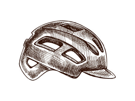 Monochrome hand drawn sketch of a protective bike helmet with vents and visor. Vintage vector illustration of cycling safety gear. Ideal for sport designs, MTB, and fitness projects.のイラスト素材