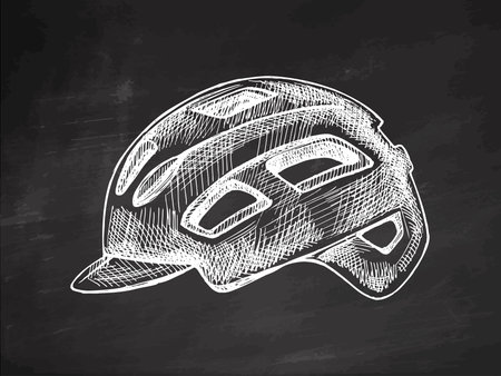 Vintage chalk style sketch of a protective bike helmet, hand drawn on chalkboard. Suitable for cycling, sport, adventure, safety, gear, travel and outdoor design projects.のイラスト素材