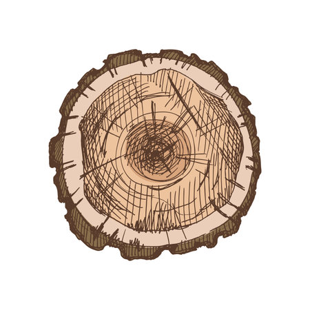 Detailed hand drawn vector illustration of wood log cross section with bark texture and growth rings. Vintage style, brown color. Perfect for forest, camping, lumberjack or nature designs.のイラスト素材
