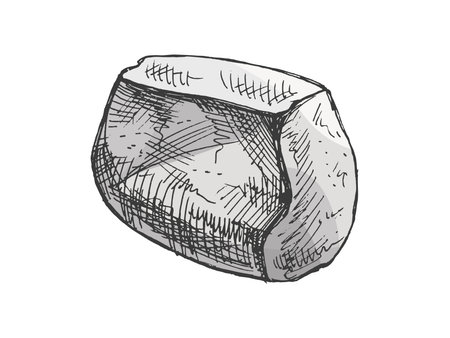 Hand drawn vintage style sketch of a single decorative rock in gray color. Rustic engraving style. Isolated vector illustration for outdoor, hiking, geology or adventure design projects.のイラスト素材
