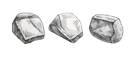 Three stylized natural stones in hand drawn vintage style. Gray colored vector illustration with shading and texture. Great for geology themes, packaging, stickers, labels, and rustic designs.のイラスト素材