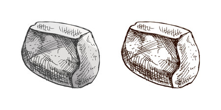 Hand drawn vintage vector sketch of one decorative rock in brown and gray colors. Set includes color and monochrome version. Rustic engraved style for outdoor and nature themed designs.のイラスト素材