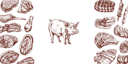 Meat menu template in engraved vintage style. Hand-drawn sketches of barbecue meat pieces with herbs and seasonings. Background for meat restaurant.のイラスト素材