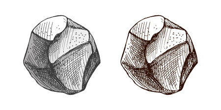 Rustic monochrome and colored hand drawn stone or rock illustration in vintage engraving style. Natural outdoor element for camping and forest scenes.のイラスト素材