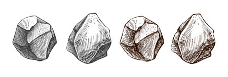 Rustic monochrome and colored hand drawn stone or rock illustration in vintage engraving style. Natural outdoor element for camping and forest scenes.のイラスト素材