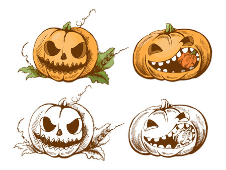 Hand drawn vintage Halloween set featuring four spooky carved pumpkins with menacing faces, shown in both color and monochrome versions. Isolated vector illustration for seasonal designs.のイラスト素材