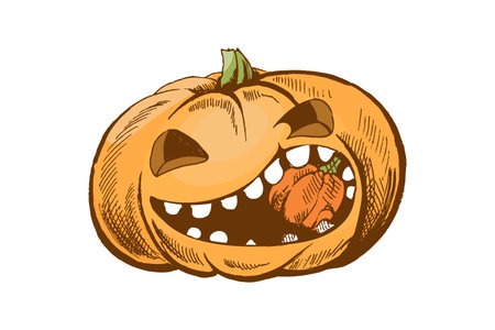 Hand drawn vintage sketch set of four Halloween pumpkin jack o'lanterns with scary faces, in color and monochrome versions, isolated on white background.のイラスト素材