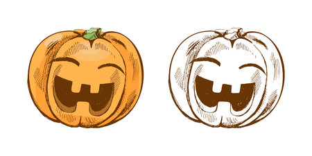 Hand drawn vintage Halloween pumpkin with carved cute smiling face in color and monochrome version, perfect for autumn holiday design, invitations, stickers, greeting cards, posters, and seasonal celebration decor.のイラスト素材