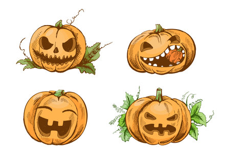 Collection of hand drawn vintage jack o lantern Halloween pumpkins with different funny faces and green leaves, perfect for seasonal design, invitations, party decor, stickers, and autumn holiday illustrations.のイラスト素材