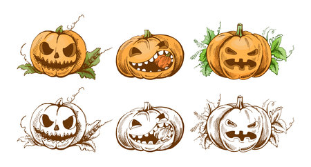 Hand drawn vintage Halloween pumpkin set in color and monochrome with funny carved faces and green leaves, perfect for seasonal decor, invitations, party designs, stickers, and autumn celebration illustrations.のイラスト素材