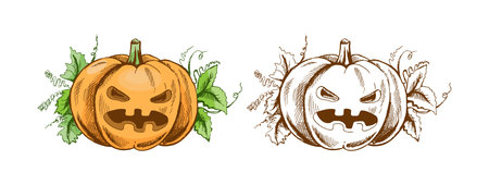 Vintage hand drawn sketch of scary jack o lantern pumpkin with green leaves, shown in both color and monochrome versions, perfect for Halloween decor, stickers, prints, and seasonal design projects.のイラスト素材