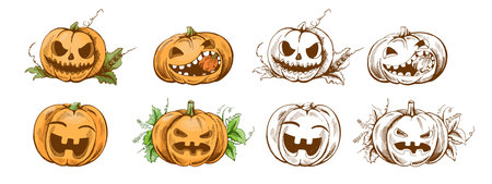 Hand drawn vintage Halloween pumpkin set in color and monochrome with funny carved faces and green leaves, perfect for seasonal decor, invitations, party designs, stickers, and autumn celebration illustrations.のイラスト素材