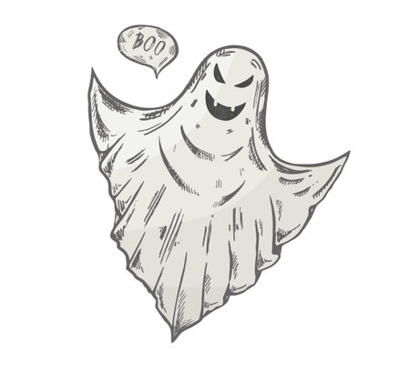 Hand drawn vintage sketch of spooky ghost with speech bubble "boo". Halloween character illustration in monochrome engraving style for holiday decoration, design, greeting cards, posters and party invitations.のイラスト素材