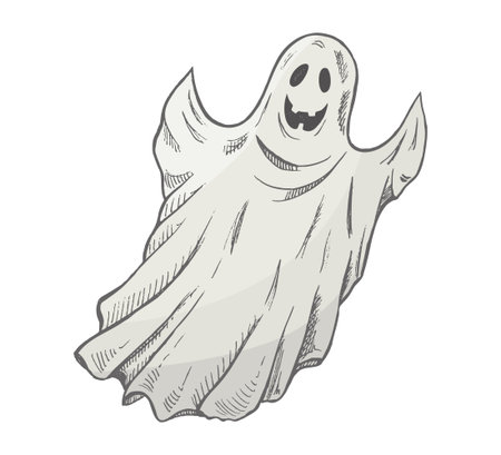 Vintage hand drawn illustration of a smiling Halloween ghost. Monochrome gray spooky spirit design for holiday decorations, cards, posters and party invitations.のイラスト素材