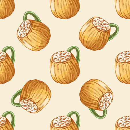 Hand drawn vintage seamless pattern of pumpkin mugs with whipped cream autumn drink. Cozy halloween festive decorative illustration for seasonal design, wrapping paper, textile and cafe projects.のイラスト素材