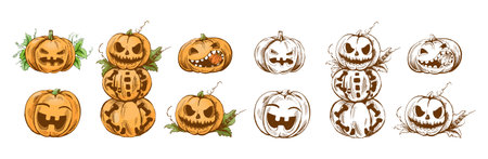 Vintage hand drawn halloween set of spooky pumpkins and creepy jack o lanterns with scary carved faces. Perfect for seasonal holiday decor, party invitations, textile prints, wrapping paper, poster design and background projects.のイラスト素材