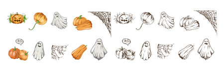 Halloween vector illustration set in vintage hand drawn style with pumpkins, spooky ghosts, cobwebs and seasonal decor. Perfect for holiday invitations, party design, posters, cards and wrapping paper.のイラスト素材