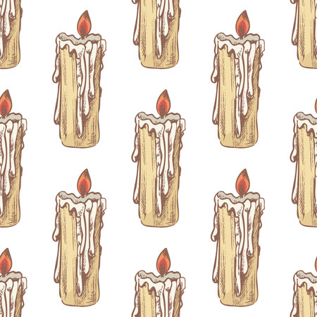 Seamless pattern with vintage hand drawn candles. Burning wax lights with flame in beige and red colors. Perfect for Halloween, gothic decor, wrapping paper and textile design.のイラスト素材